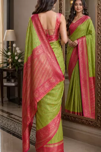 Parrot green soft silk blend banarasi jacuard work festive saree with unstitched blouse piece