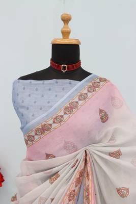 cream pink cotton blend zari weaving floral digital print festive saree with unstitched blouse piece 2