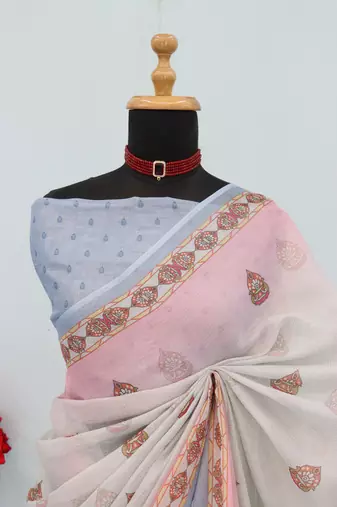 cream pink cotton blend zari weaving floral digital print festive saree with unstitched blouse piece