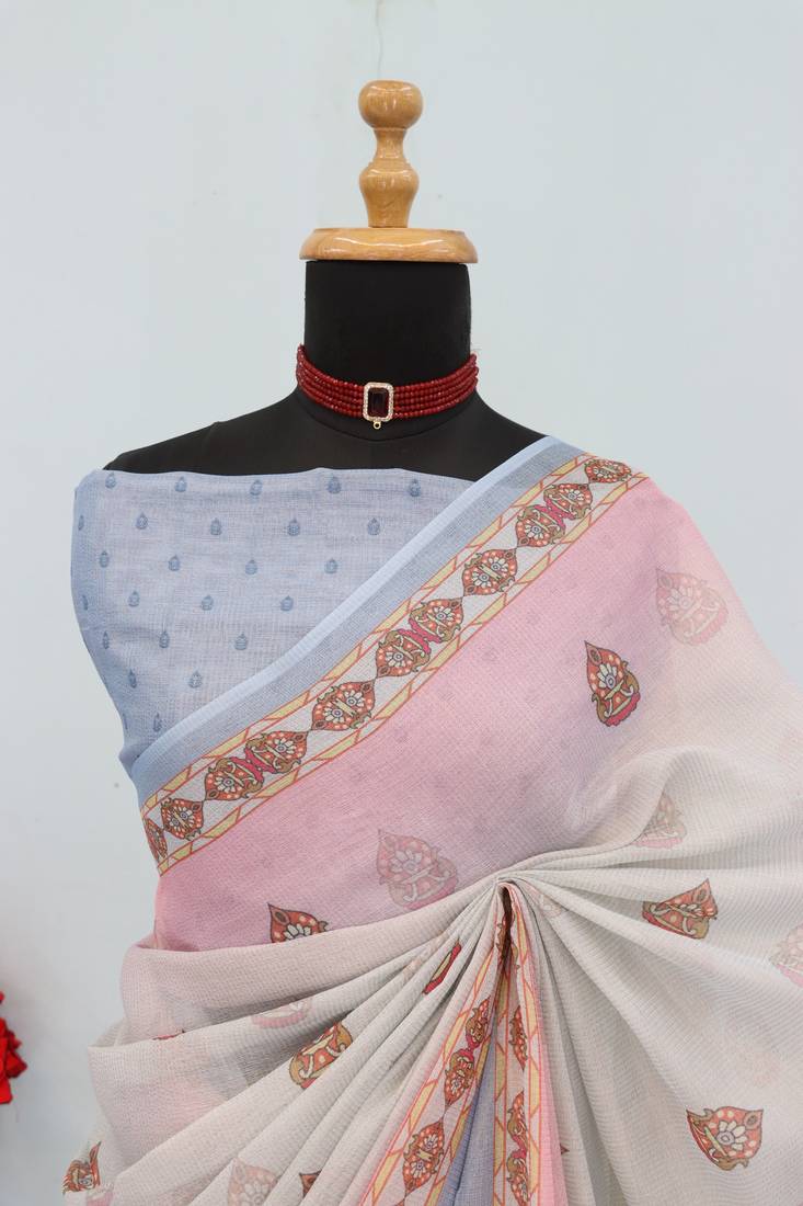 cream pink cotton blend zari weaving floral digital print festive saree with unstitched blouse piece
