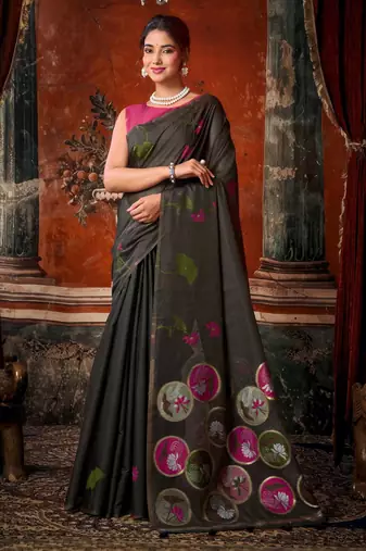 black khadi cotton blend fabric woven designer fancy graceful saree