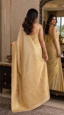 Off white soft silk blend banarasi jacuard work festive saree with unstitched blouse piece 3