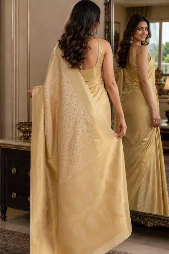 Off white soft silk blend banarasi jacuard work festive saree with unstitched blouse piece