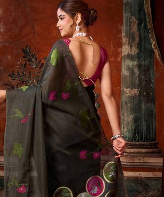 black khadi cotton blend fabric woven designer fancy graceful saree 2