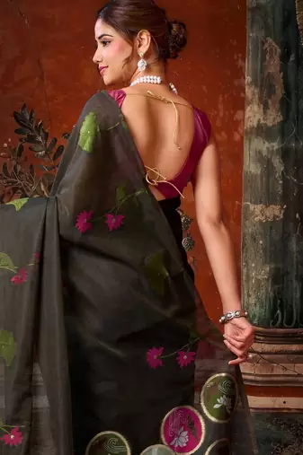 black khadi cotton blend fabric woven designer fancy graceful saree