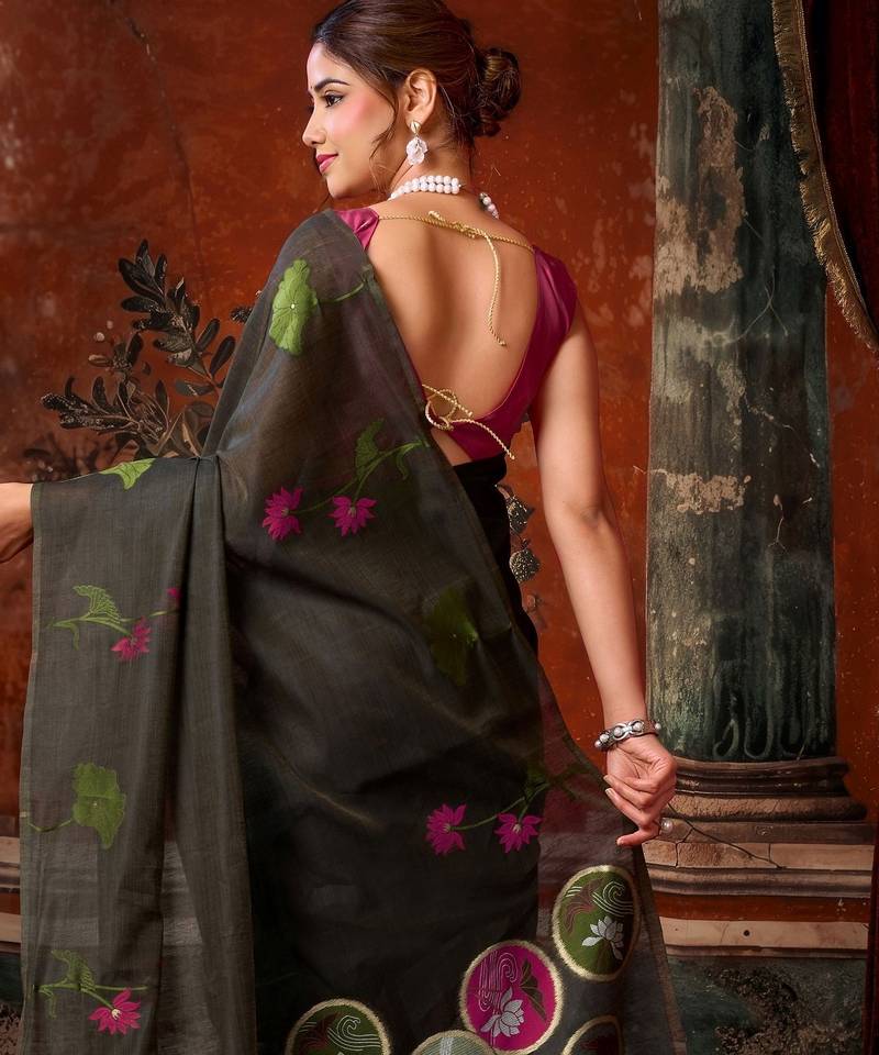 black khadi cotton blend fabric woven designer fancy graceful saree