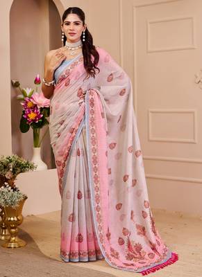 cream pink cotton blend zari weaving floral digital print festive saree with unstitched blouse piece 1