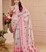 cream pink cotton blend zari weaving floral digital print festive saree with unstitched blouse piece