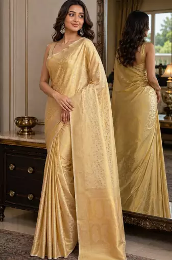 Off white soft silk blend banarasi jacuard work festive saree with unstitched blouse piece