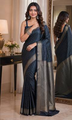 Blue soft silk blend banarasi jacuard work festive saree with unstitched blouse piece 1
