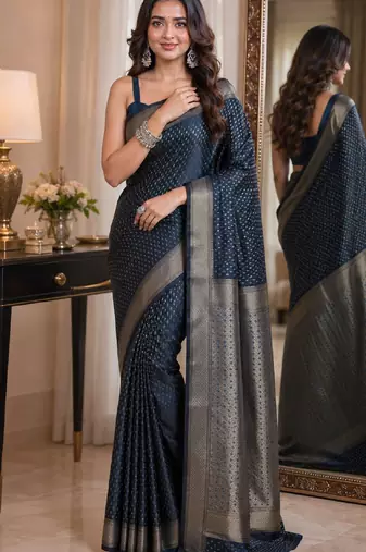 Blue soft silk blend banarasi jacuard work festive saree with unstitched blouse piece