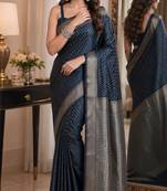 Blue soft silk blend banarasi jacuard work festive saree with unstitched blouse piece