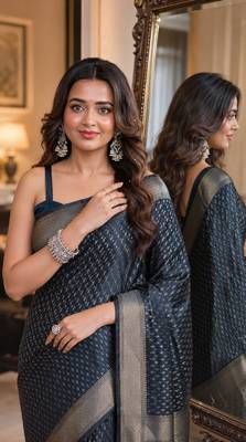 Blue soft silk blend banarasi jacuard work festive saree with unstitched blouse piece 2
