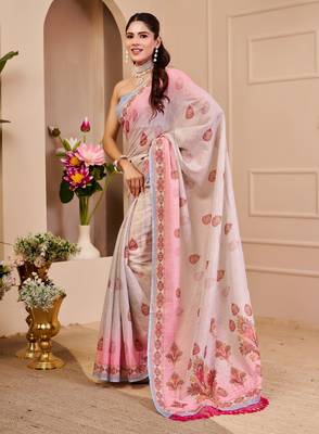 cream pink cotton blend zari weaving floral digital print festive saree with unstitched blouse piece 2