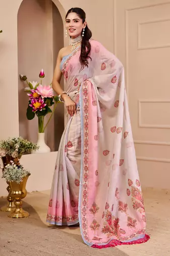 cream pink cotton blend zari weaving floral digital print festive saree with unstitched blouse piece