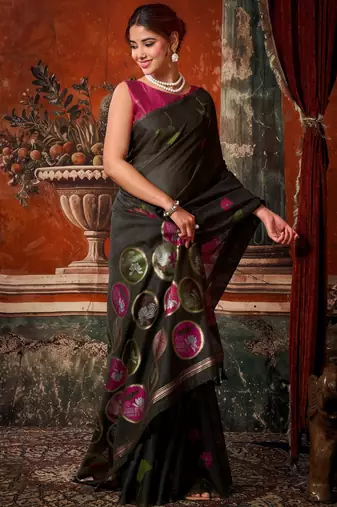 black khadi cotton blend fabric woven designer fancy graceful saree