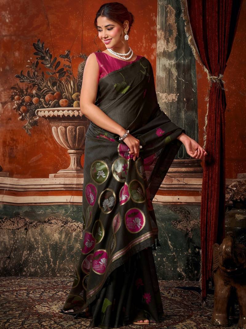 black khadi cotton blend fabric woven designer fancy graceful saree