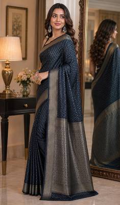 Blue soft silk blend banarasi jacuard work festive saree with unstitched blouse piece 3