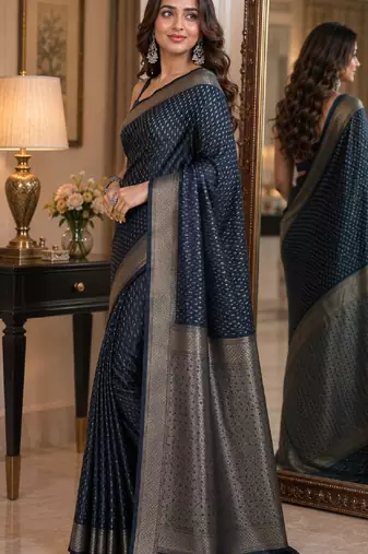 Blue soft silk blend banarasi jacuard work festive saree with unstitched blouse piece