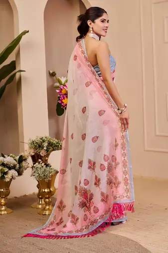 cream pink cotton blend zari weaving floral digital print festive saree with unstitched blouse piece