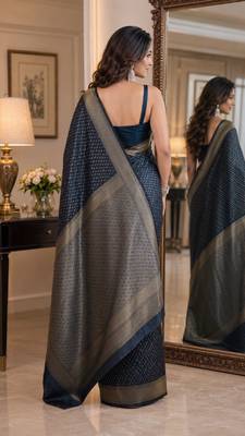 Blue soft silk blend banarasi jacuard work festive saree with unstitched blouse piece 4