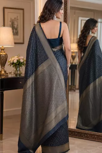 Blue soft silk blend banarasi jacuard work festive saree with unstitched blouse piece