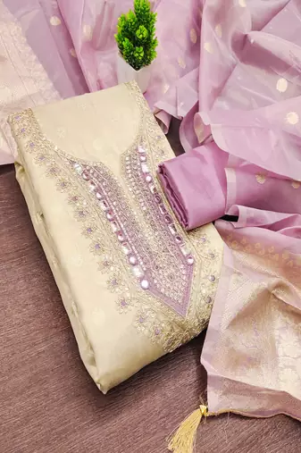  beige & contrast embroidered shimmer unstitched dress material with mirror work