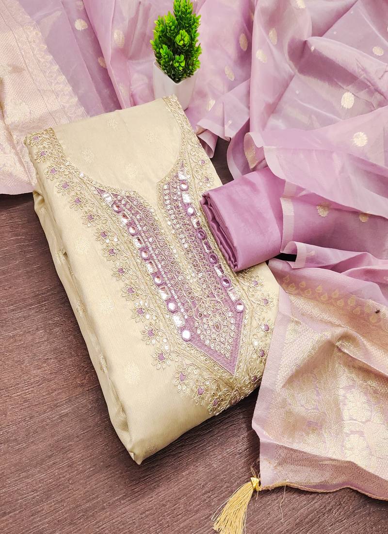  beige & contrast embroidered shimmer unstitched dress material with mirror work