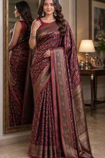 Maroon soft silk blend banarasi jacuard work festive saree with unstitched blouse piece