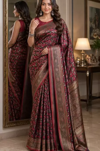 Maroon soft silk blend banarasi jacuard work festive saree with unstitched blouse piece