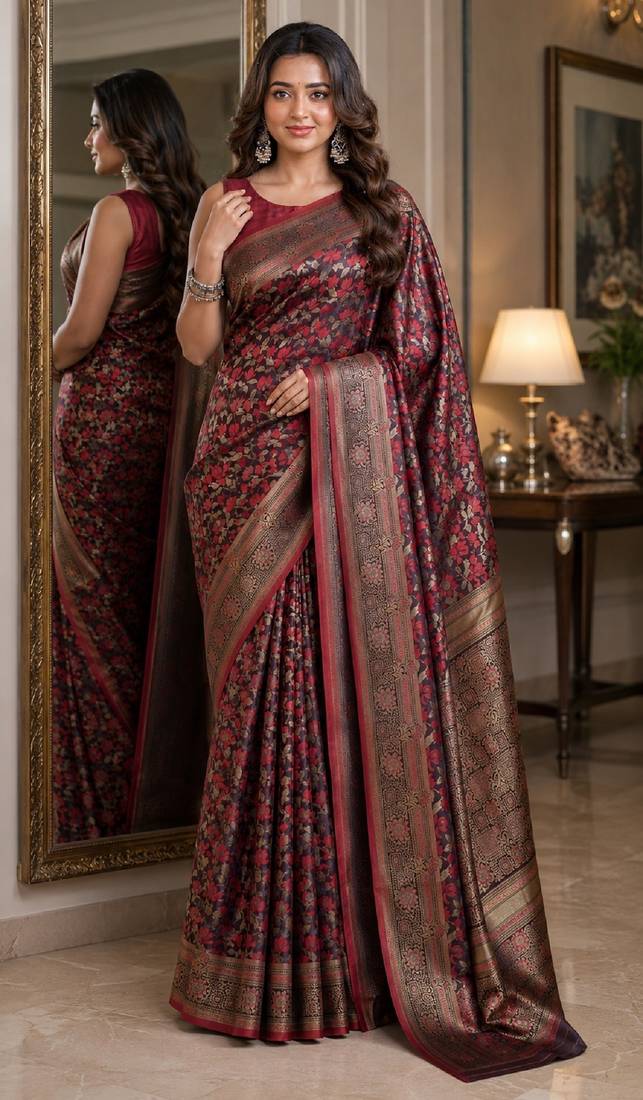 Maroon soft silk blend banarasi jacuard work festive saree with unstitched blouse piece