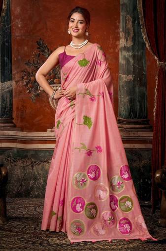 pink khadi cotton blend fabric woven designer fancy graceful saree