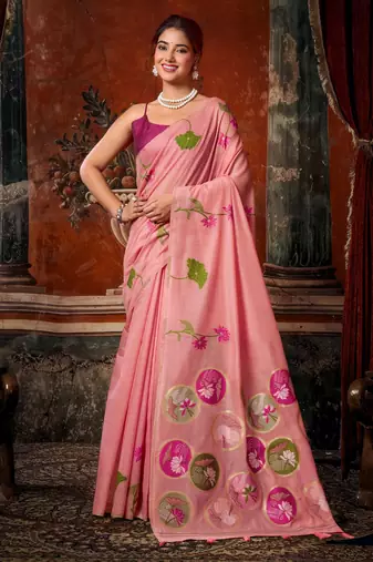pink khadi cotton blend fabric woven designer fancy graceful saree