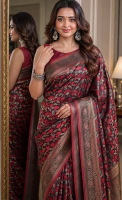 Maroon soft silk blend banarasi jacuard work festive saree with unstitched blouse piece 2