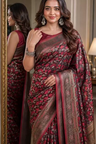 Maroon soft silk blend banarasi jacuard work festive saree with unstitched blouse piece