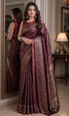 Maroon soft silk blend banarasi jacuard work festive saree with unstitched blouse piece 3