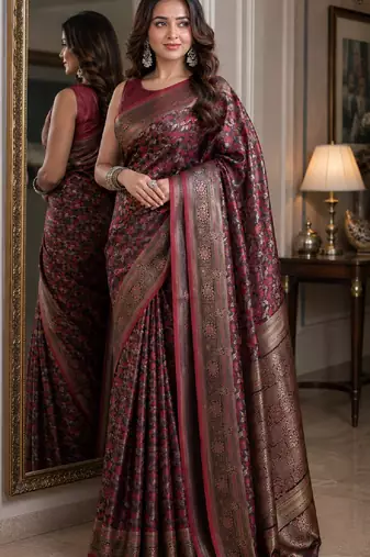Maroon soft silk blend banarasi jacuard work festive saree with unstitched blouse piece