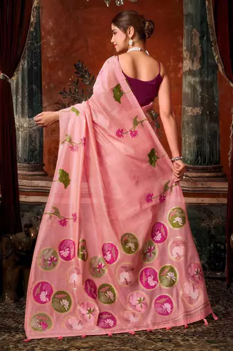 pink khadi cotton blend fabric woven designer fancy graceful saree