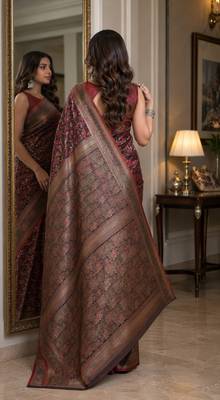 Maroon soft silk blend banarasi jacuard work festive saree with unstitched blouse piece 4