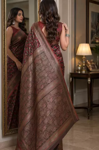 Maroon soft silk blend banarasi jacuard work festive saree with unstitched blouse piece