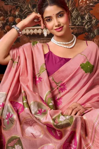 pink khadi cotton blend fabric woven designer fancy graceful saree