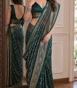 Green soft silk blend banarasi jacuard work festive saree with unstitched blouse piece