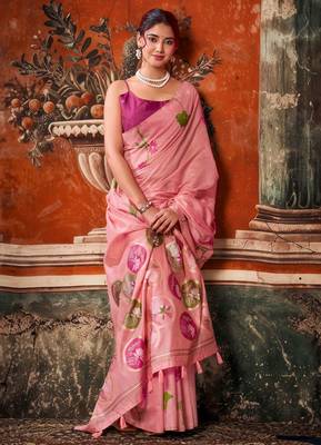 pink khadi cotton blend fabric woven designer fancy graceful saree 4
