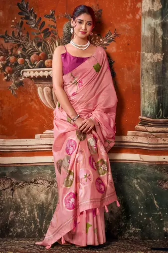 pink khadi cotton blend fabric woven designer fancy graceful saree