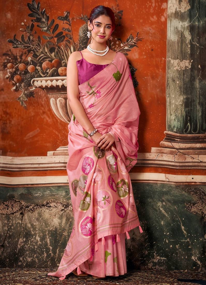 pink khadi cotton blend fabric woven designer fancy graceful saree