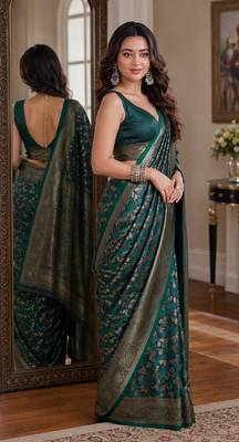 Green soft silk blend banarasi jacuard work festive saree with unstitched blouse piece 4