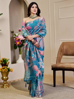 blue cotton blend zari weaving floral digital print festive saree with unstitched blouse piece 2