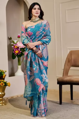 blue cotton blend zari weaving floral digital print festive saree with unstitched blouse piece