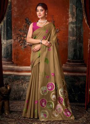 brown khadi cotton blend fabric woven designer fancy graceful saree 1