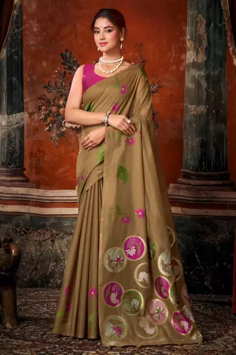 brown khadi cotton blend fabric woven designer fancy graceful saree